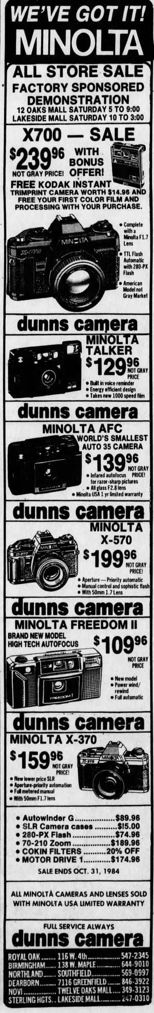 Dunns Camera - Detroit Free Press Thu  Oct 25  1984 